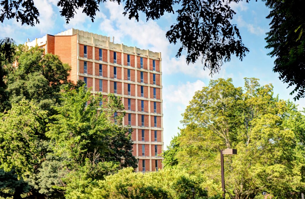 Outside view of Lever through the trees.