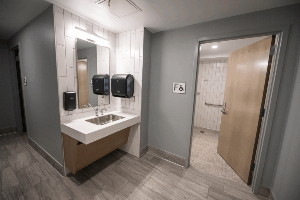 View of the bathroom with sink and mirror.