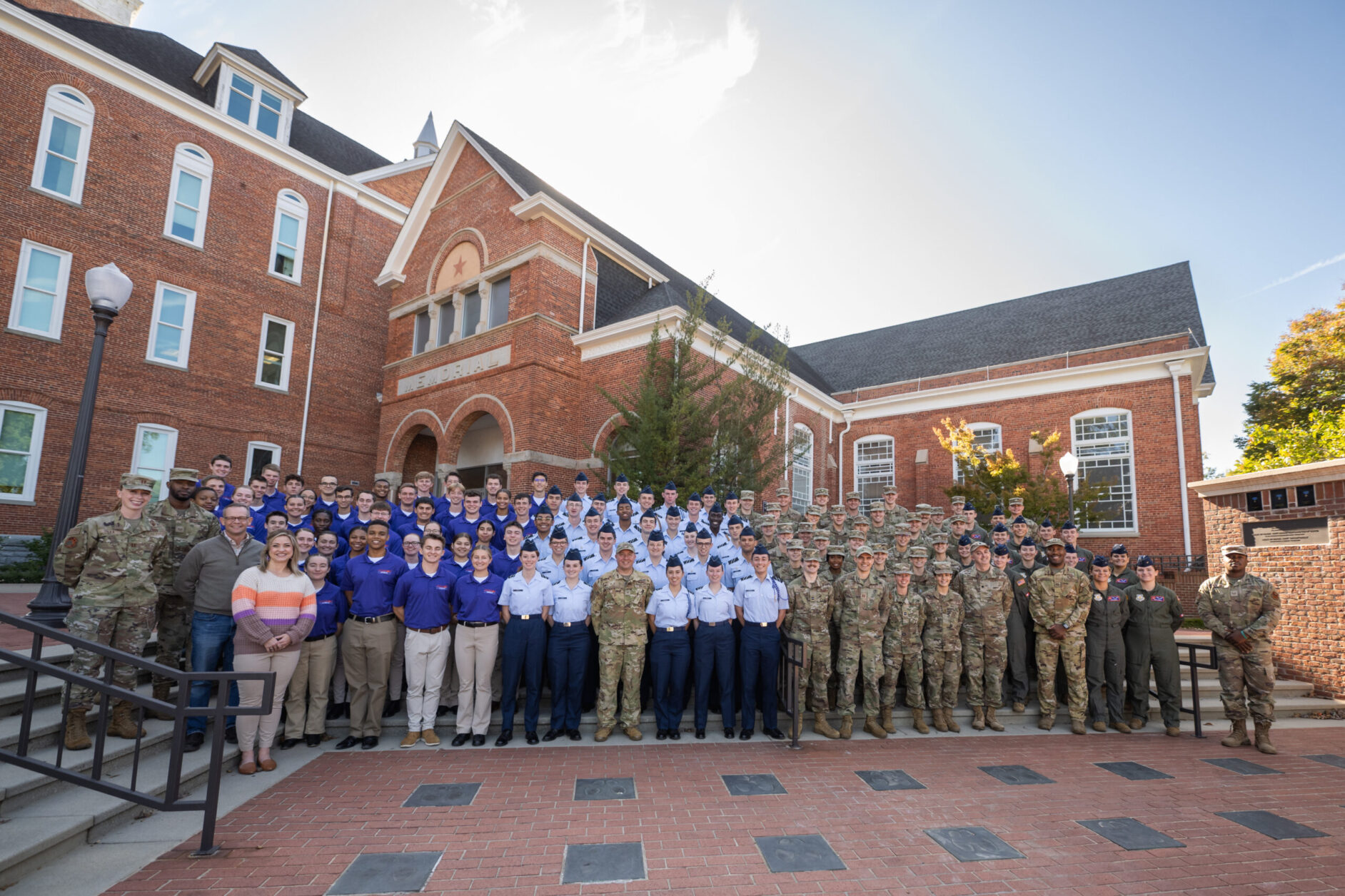 Group photo of Air Force Cadets in front of Tillman Auditorium