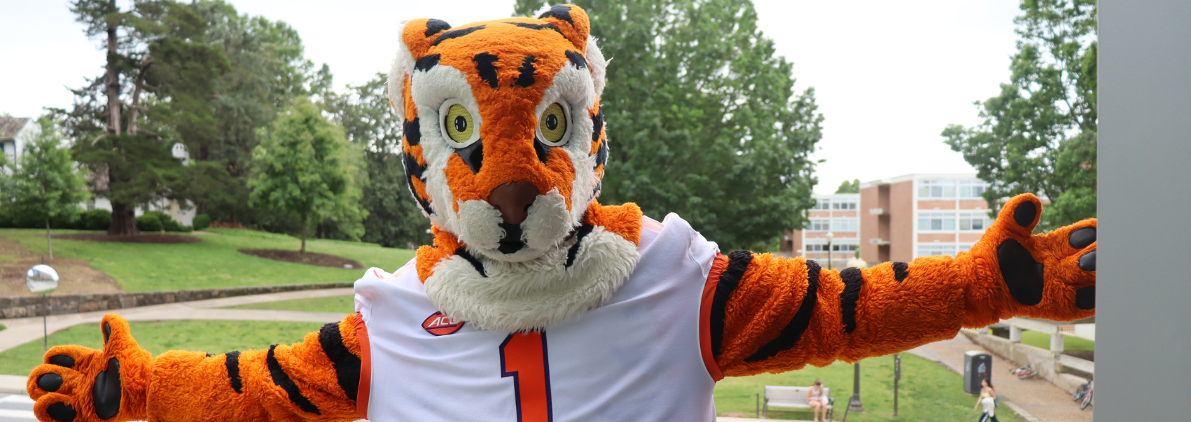 The Clemson Tiger Mascot standing with arms outstretched in front of the Shoebox community